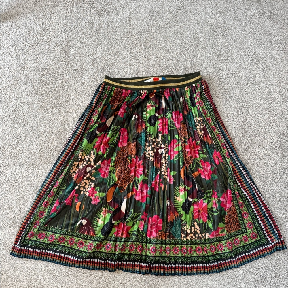 FARM Rio Floral Pleated Satin Midi Skirt - Multicolor Size L